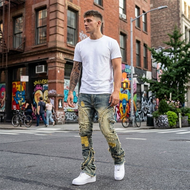 👖 50 % RABATT! ✨ Klassiska stretchjeans med utsvängda ben för herrar – vintage-tvätt och patchwork-detaljer – högkvalitativ denim, perfekt för smart casual-stil – bekväma och snygga 🔥