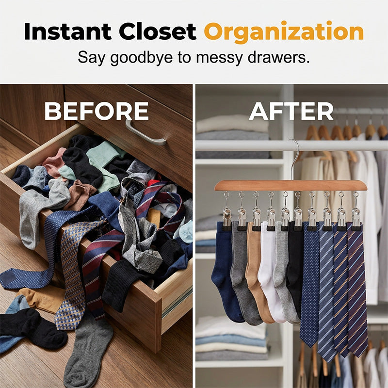 🏠 50% RABATT NU! 👔 Multi-Clip Wooden Hanger – Utrymmessparande Klädhängare med 10 Klämmor för Skåporganisation ✨