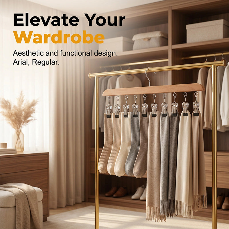 🏠 50% RABATT NU! 👔 Multi-Clip Wooden Hanger – Utrymmessparande Klädhängare med 10 Klämmor för Skåporganisation ✨