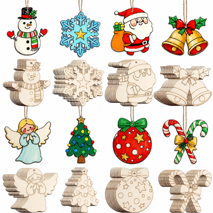 8 Piece Carved Wood Slice Christmas Tree Hanging Ornaments Set with Hemp Ropes for Holiday Party Home Decor