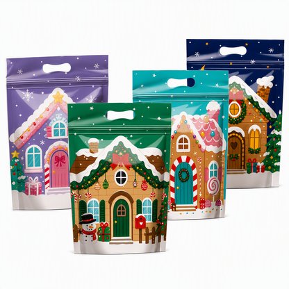 50 Pack Christmas Candy Bags Cartoon Stand Up Zipper Pouches for Snowflake Crisp Cookie and Baking Food Packaging