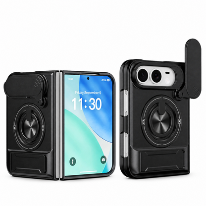 📱 Fold Case: Sliding Lens Cover, Dual Kickstand, Magnetic, Shockproof Armor