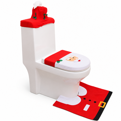Christmas Toilet Seat Cover and Rug 3-Piece Set Holiday Bathroom with Santa Claus Snowman and Reindeer