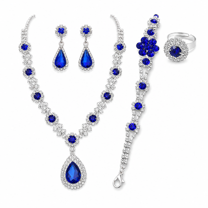 Women Teardrop Crystal Gemstone Jewelry Set with Stud Earrings and Ring